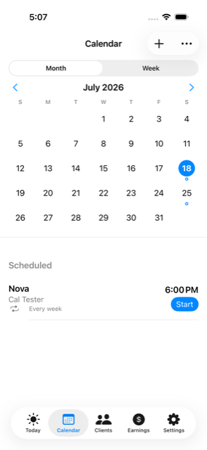 SideWalker calendar showing a scheduled repeating walk on a month view