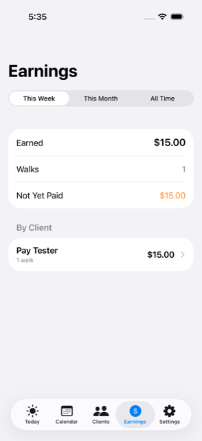 SideWalker earnings dashboard with weekly totals and per-client breakdown