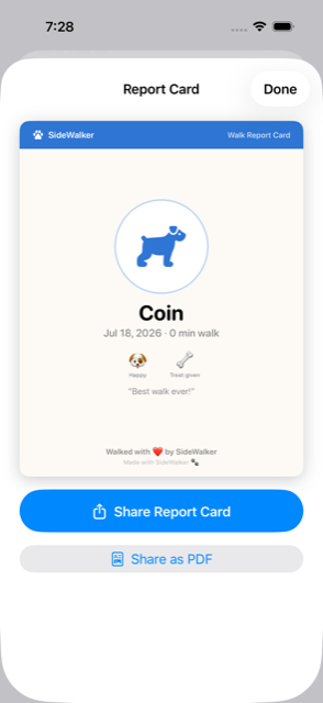 SideWalker walk report card with dog name, duration, mood emoji, and share button